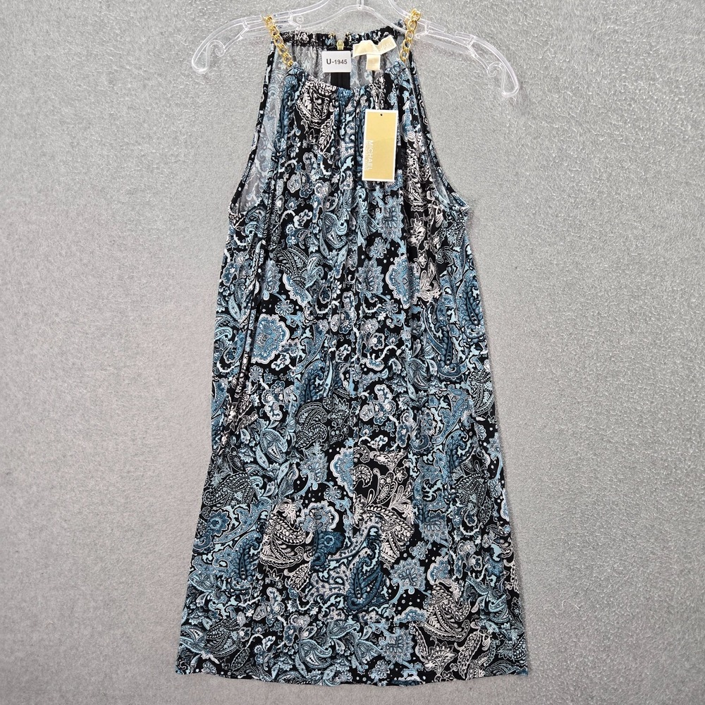 Michael Kors Women Dress Small‎ Blue Paisley Floral Midi Trapeze Chain NWT